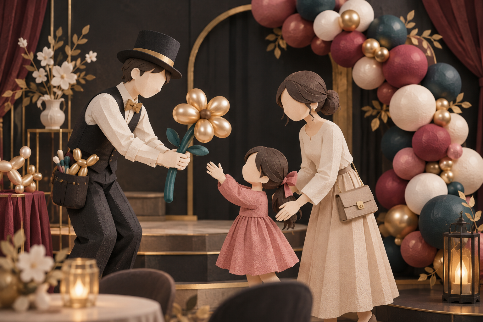 バルーンの花を受け取る親子とパフォーマーのイメージイラスト